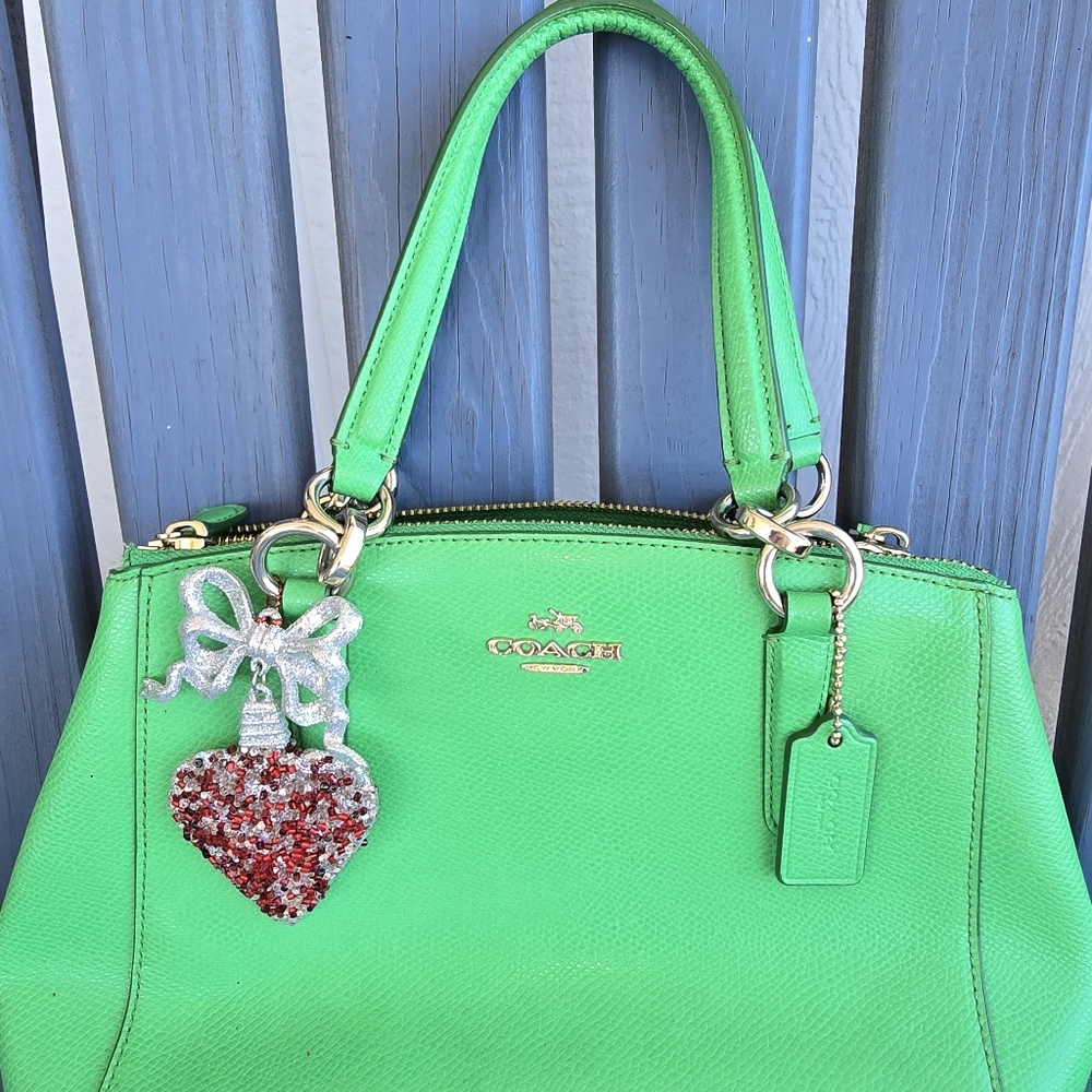 Coach Vibrant Emerald Green Satchel Christmas Rhinestone Heart. 11"x 7.25"x 4" - Picture 3 of 16